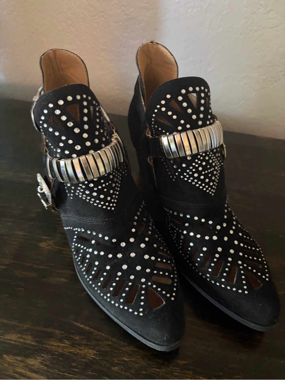 Black Studded Western Ankle Boots with Silver Hardware